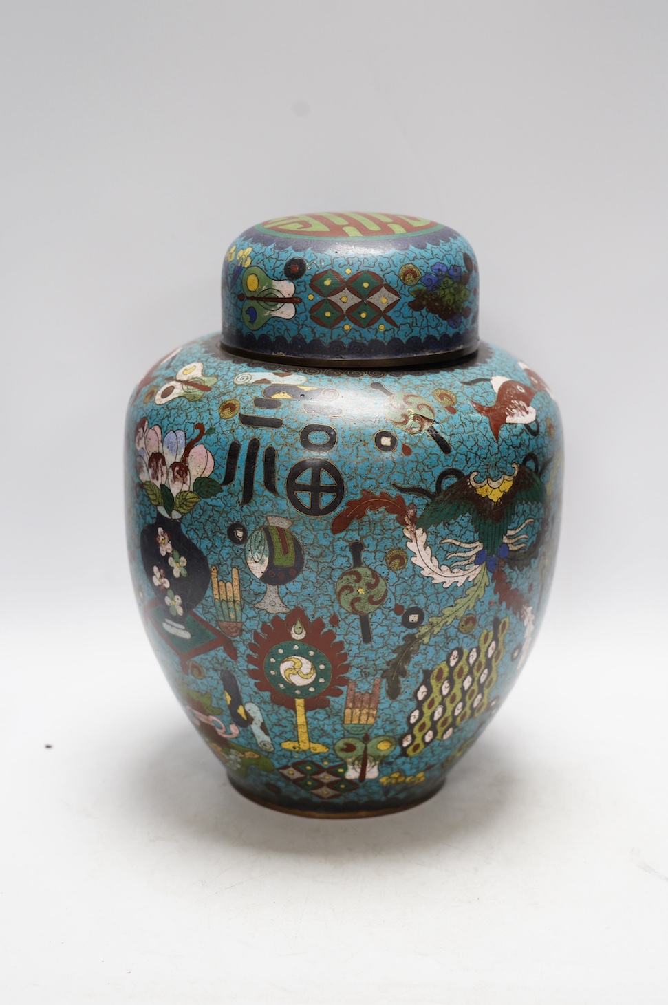 A Chinese cloisonné enamel jar and cover, early 20th century, 30cm high. Condition - poor